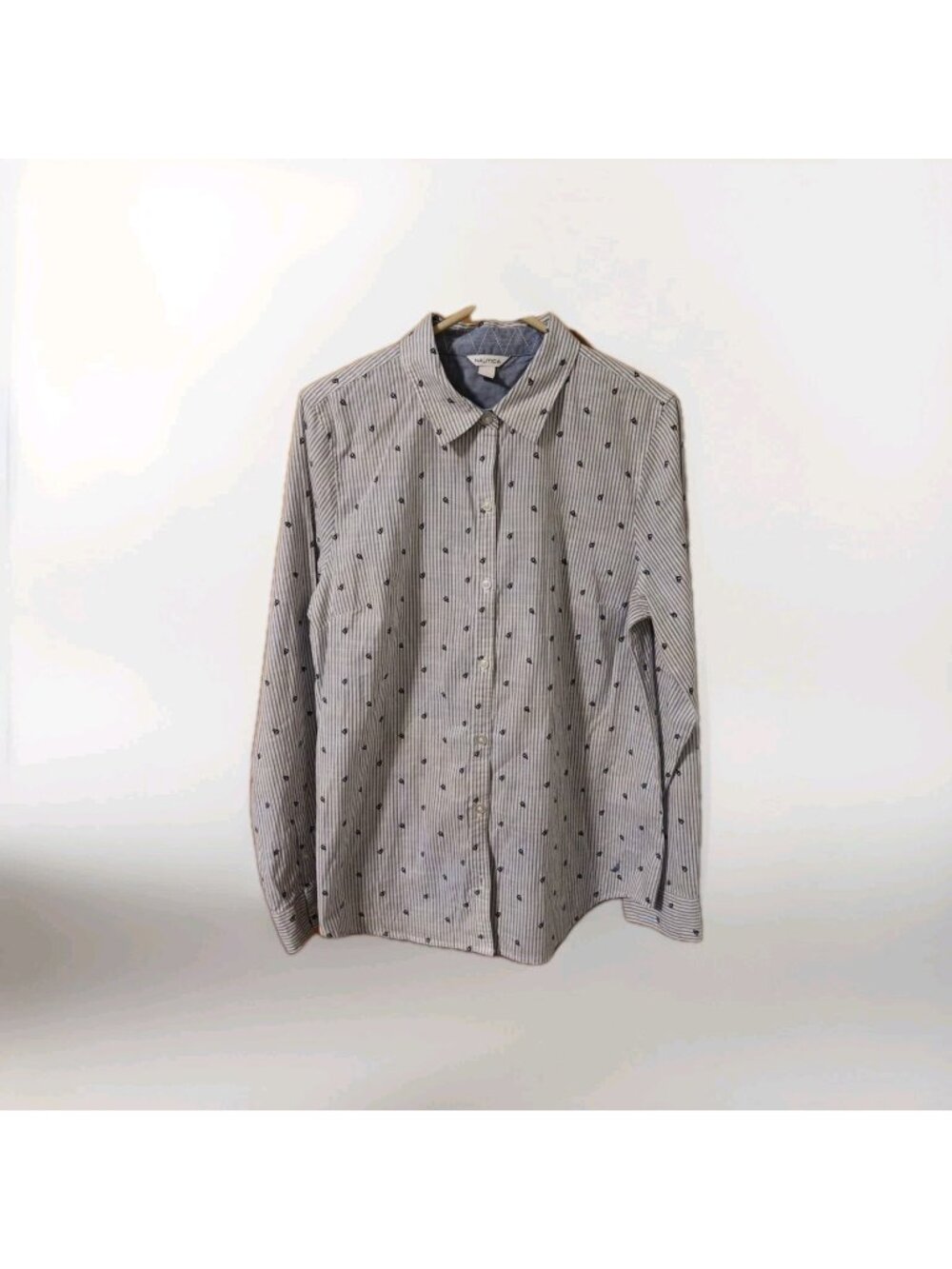 Nautica Oxford Women's Sailboats Stripe L/S Button Up Cotton Casual Shirt Top